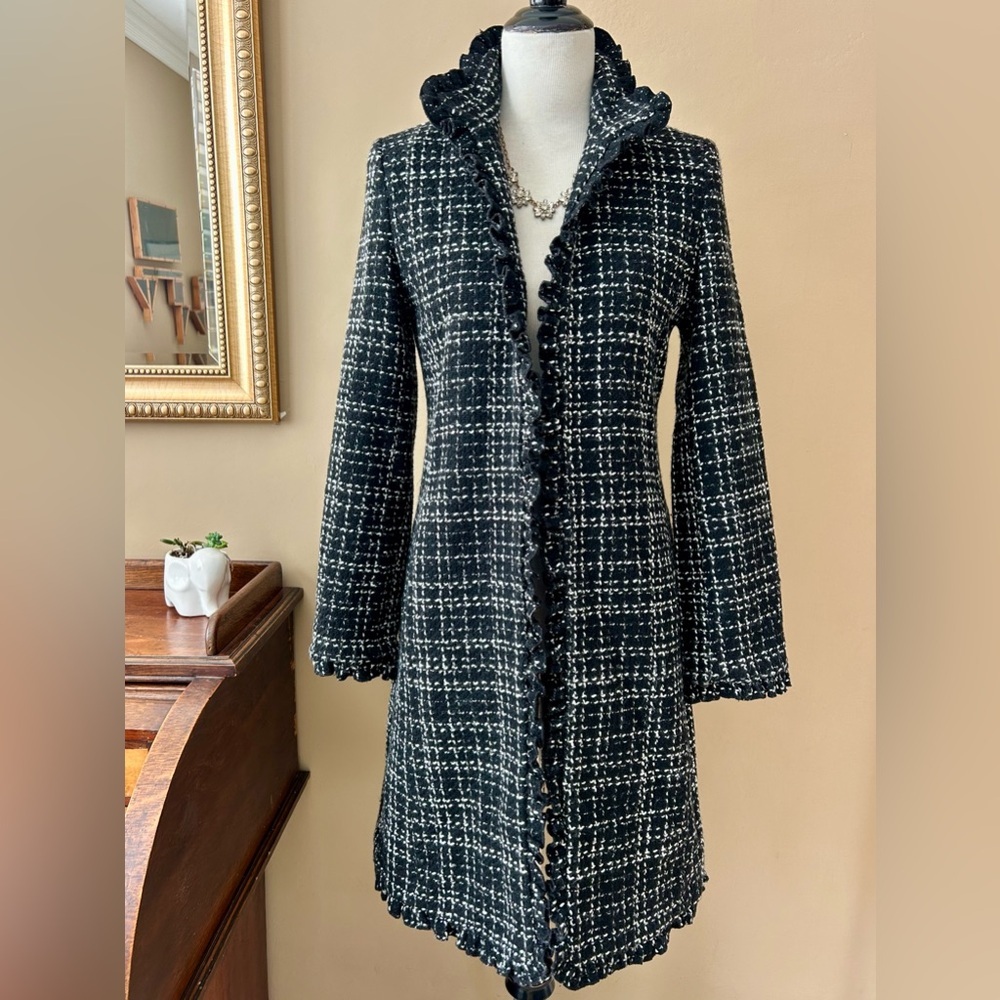 DKNY Wool Tweed Black White Plaid Coat Ruffle Trim Size 4